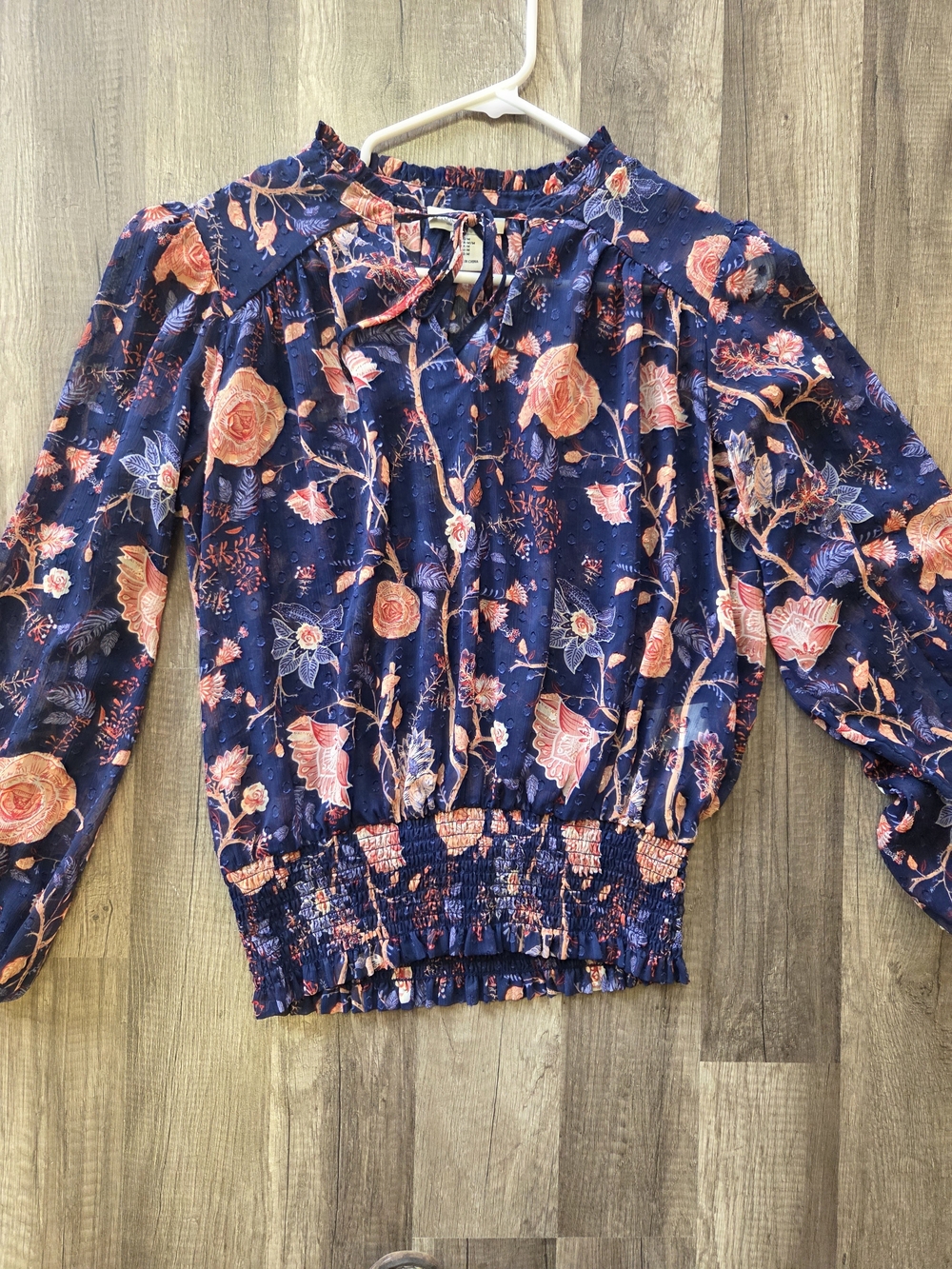 Rachel Zoe Navy Floral Tie-Neck Smocked Hem Blouse